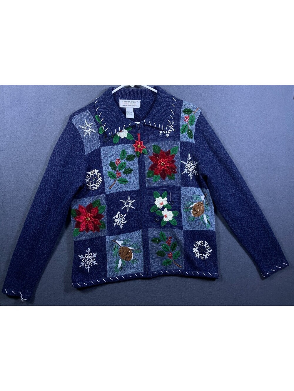 VTG Tacky Carly St. Claire Zip Up Blue Christmas Cardigan Beaded Poinsettias S